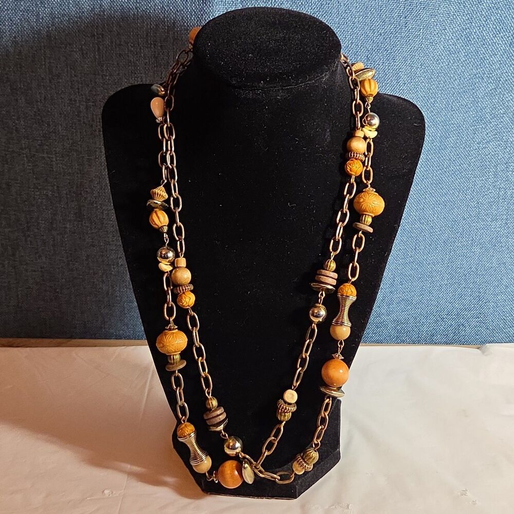 Earth Tone Bead Coppertone Chain Necklace Boho 70s Vibe - Picture 8 of 16